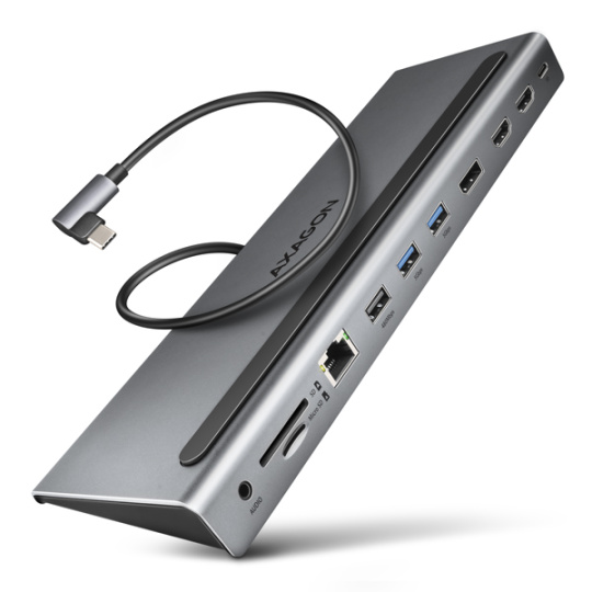 AXAGON HMC-4KX3 USB 5Gbps hub, 3x USB-A, 2x HDMI, DP, RJ-45 GLAN, SD/microSD, audio, PD 100W, kabel USB-C 40cm