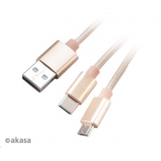 AKASA kabel 2v1 USB Type-A na Micro-B a USB Type-C, 120cm, zlatý