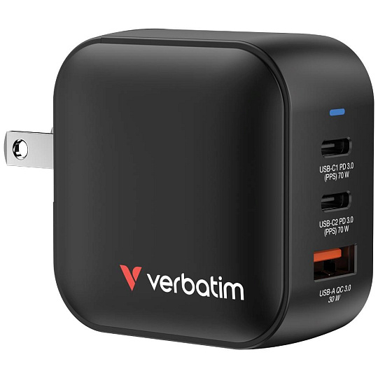 VERBATIM GaN Nabíječka Mini GaN 70W, 2xUSB-C, 1x USB-A, černá VERBATIM GaN Nabíječka Mini GaN 70W, 2xUSB-C, 1x USB-A, černá