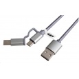 iGET G2V1 USB kabel 2v1, 1m, stříbrný, microUSB i USB-C, prodloužené koncovky