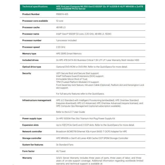 HPE PL ML350g12 6505P (2.2/12C) 1x32G (P69728) 2x4TB 4LFF MR408i-o2x1000W 1GbE NBD333 Smart Choice HPE PL ML350g12 6505P (2.2/12C) 1x32G (P69728) 2x4TB 4LFF MR408i-o2x1000W 1GbE NBD333 Smart Choice