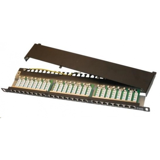 19"/0,5U Patch panel XtendLan 24port, STP, Cat6, 30µm, blok110, černý