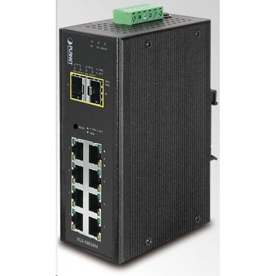 Planet IGS-10020MT, 8X 1000BASE-T, 2X SFP, DIN, IP30, -40 AŽ 75°C, WEB/SNMPV3, VLAN, IGMPV3, ESD+EFT, IPV6